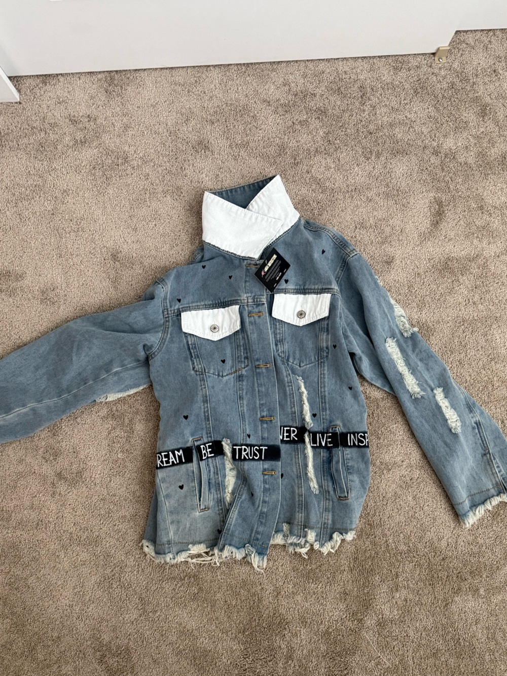Distressed Light Blue Denim Jacket with White Heart Graphic - Picture 2 of 2